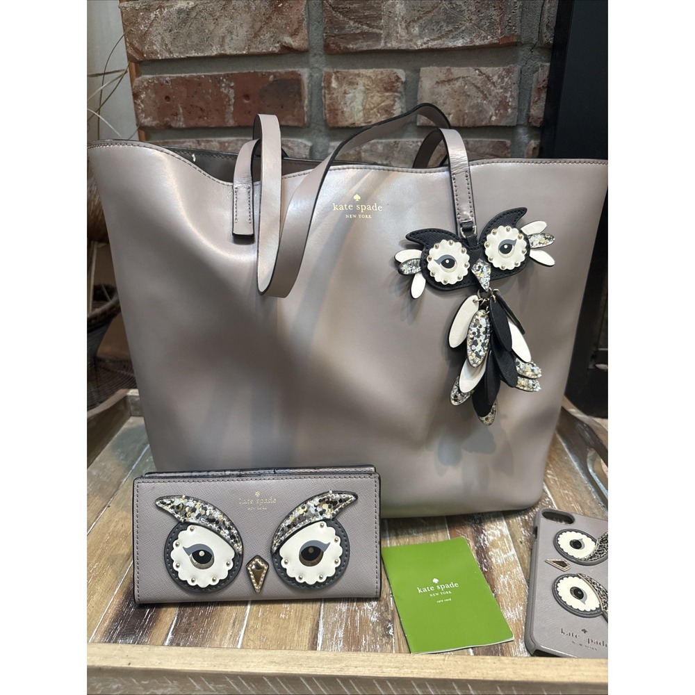 Kate Spade Owl Little Len Star Bright Leather Tote Shoulder Bag Lt Grey Wallet